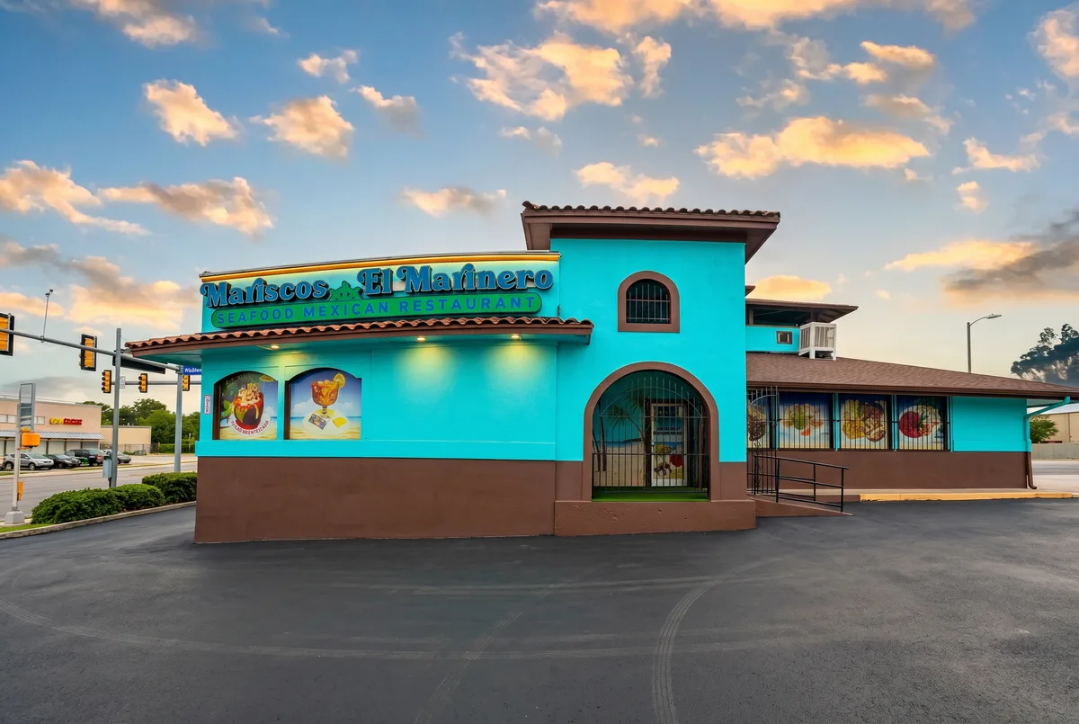 Fachada turquesa de Mariscos El Marinero №2 en 3822 Fredericksburg Rd, San Antonio, al atardecer